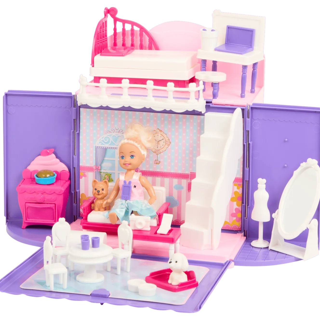 Pop met opvouwbaar poppenhuis